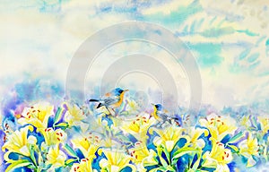 Painting colorful of beauty bouquet lily flowers and bird coup