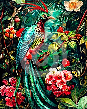 Painting of colorful bird sitting on tree branch surrounded by flowers. AI