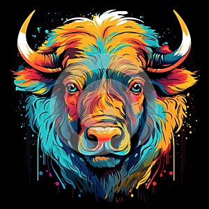 Painting colorful of a bison head on black background. Mammals. Wild Animals.