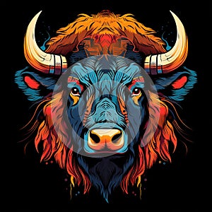 Painting colorful of a bison head on black background. Mammals. Wild Animals.