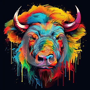 Painting colorful of a bison head on black background. Mammals. Wild Animals.