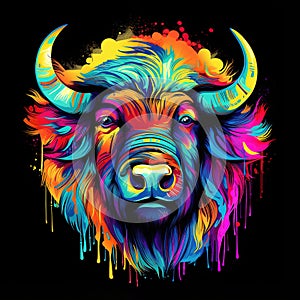Painting colorful of a bison head on black background. Mammals. Wild Animals.