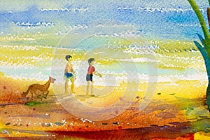 Painting colorful of boy, girl and dog walking at the beach