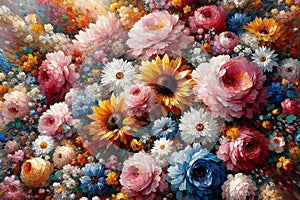 A painting of a colorful flower garden with a variety of flowers including roses