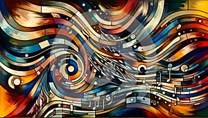 a painting of colorful music notes with swirls and waves