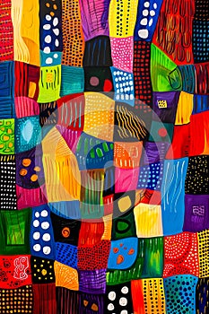 A painting of colorful squares and dots