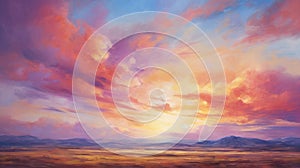 A painting of a colorful sunset over a desert landscape, AI