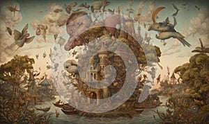 Surreal world painting with strange animals photo