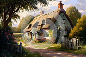 a painting of a cottage with a pathway leading to it and a gate leading to the front door and a gated in area
