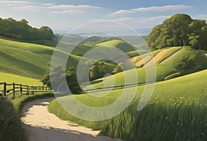 painting of a country road winding through a grassy countryside with sheep grazing in the distance