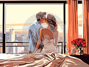 Painting Of Couple On Honeymoon Kissing