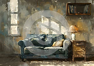 A painting of a cozy living room with a blue couch and a lamp