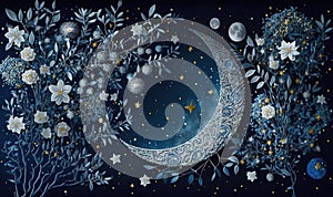 a painting of a crescent moon surrounded by flowers and stars in the night sky with stars and moon in the sky above the moon and