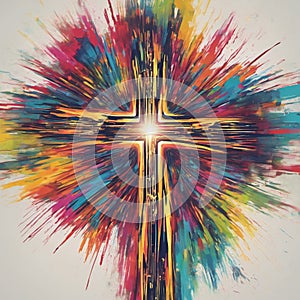 Painting of a cross with a bright burst of paint on it.