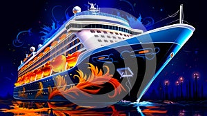 Painting of cruise ship with flames on it's hulls. Generative AI