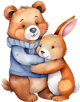 Painting of a cute bear and a cute rabbit. AI-Generated. photo