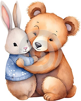 Painting of a cute bear and a cute rabbit. AI-Generated. photo