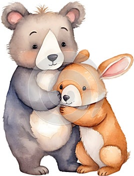 Painting of a cute bear and a cute rabbit. AI-Generated. photo