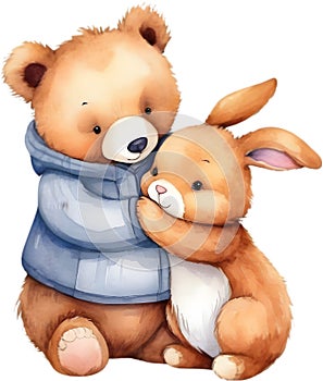 Painting of a cute bear and a cute rabbit. AI-Generated. photo