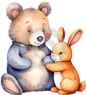 Painting of a cute bear and a cute rabbit. AI-Generated. photo