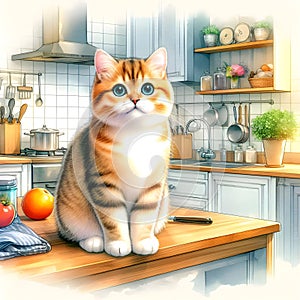 Painting of a cute cat sitting on a kitchen counter.