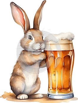 Painting of a cute rabbit and a large glass of beer. AI-Generated. photo