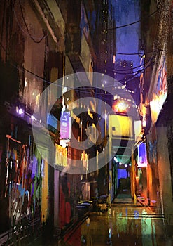 Painting of dark alley at night