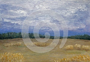 Painting Of Dark Cloudy Sky Over Yellow Grassy Field With Forest  