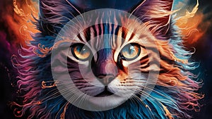 painting of a dark fantasy cat, cat\'s face is intricately designed deep blue and orange eye photo