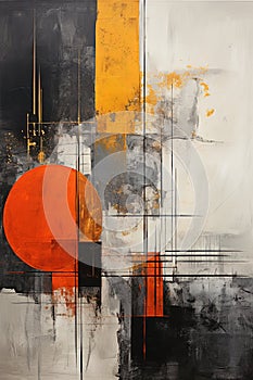 A Painting of Dark grey and orange abstract painting with a Sun, yellow Circle Wall Art