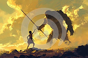 Painting of David and Goliath. Generative AI
