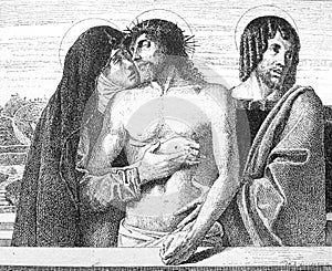 The painting of Dead Christ, the Virgin and Saint John by Bellinni in the old book La Peinture Italienne, by G. Lafenestre, 1885,