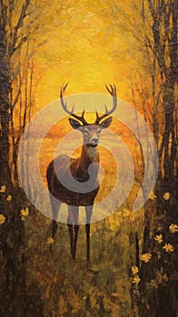 Painting of a deer in the forest at sunset, oil on canvas