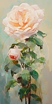 Delicate Rose Oil Painting On Green Background - Uhd Image photo