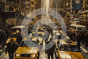 A painting depicting a bustling city street packed with taxis and people in suits, A crowded street filled with taxis and suits