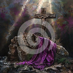 Crucifix Painting With Purple Cloth Draped. Generative AI. photo