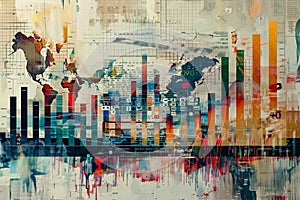 Painting depicting a detailed map of the world with borders, countries, and major cities, Create a collage of economic indicators