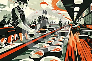 A painting depicting a man energetically preparing sushi in a busy restaurant kitchen, A dynamic and energetic illustration of