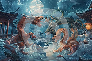 A painting depicting multiple dragons engaged in fierce combat in a snowy landscape, A fantastical scene imagining mythical