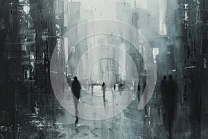 A painting depicting several individuals walking in the rain in a grey cityscape, A rainy, grey cityscape with lonely figures