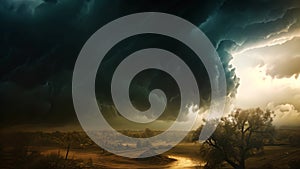 A Painting Depicting a Storm With Lightning in the Sky, Photo illustration of a dramatic storm tornado vortex in nature, AI