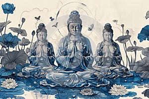 A painting depicting three buddhas seated in a pond of water photo