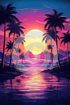 Tropical Sunset Painting With Palm Trees