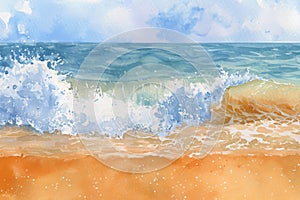 This painting depicts the forceful crash of a wave against the shoreline of a beach, A watercolor splash mimicking waves on a
