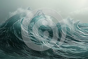 This painting depicts a massive wave in the ocean, capturing its raw power and intensity as it crashes towards the shore, An