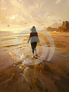 The painting depicts a person walking on a beach at sunset, with the warm light casting a golden glow on the sand