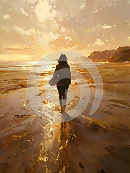 The painting depicts a person walking on a beach at sunset, with the warm light casting a golden glow on the sand