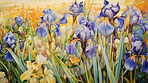 Realistic Oil Painting Of Iris Flowers In Bold And Colorful Style
