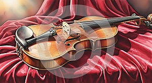 Violin on Red Fabric Still Life Painting