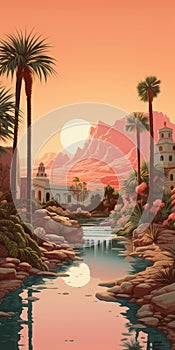 Chromatic Oasis: A Stunning Desert Scene With Waterfalls And Palm Trees photo